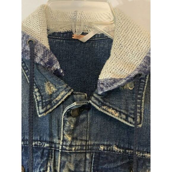 Free People Distressed Denim Body Sweater Sleeves Removable Hood Jacket Small - Picture 7 of 12